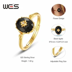 WES 925 Sterling Silver Gemstone Open Ring for Women Natural Black Agate 6*8mm Retro Vintage Fine Jewelry Gift For Mom Wholesale