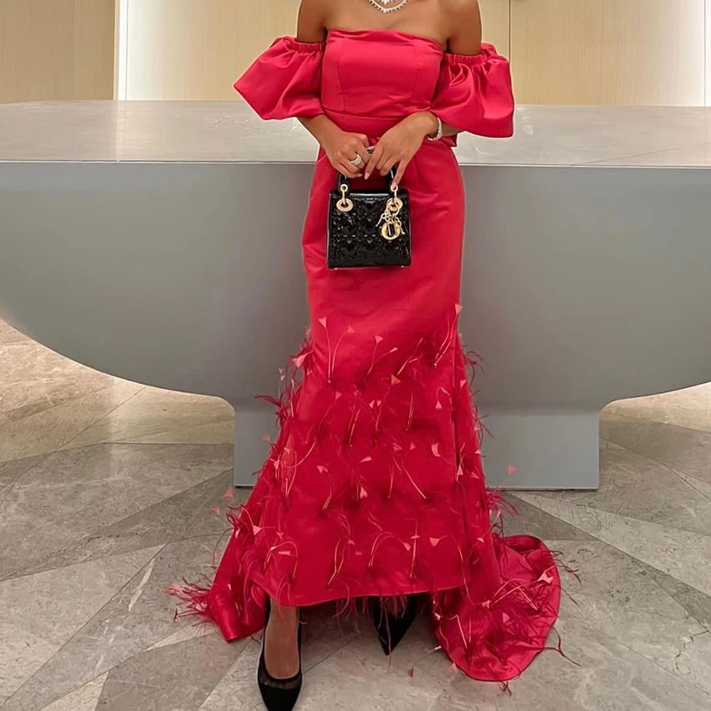 

Customized Fashion Satin A-Line Detachable Sleeve Feathers Evening Dress Strapless Panel Train Red Special Occasion Gowns