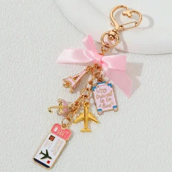 Pink Ticket Luggage Plane Eiffel Tower in Paris Enamel Keychain Love Romantic Key Ring For Women Girls Travel Enthusiasts Gift