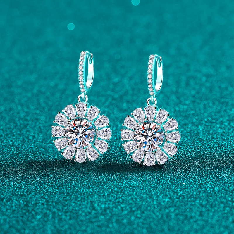Platinum Pt950 Sunflower Drop Earrings 2 Carat Moissanite with Pear Shaped Zircon Surround, Luxurious Ear Fine Jewelry