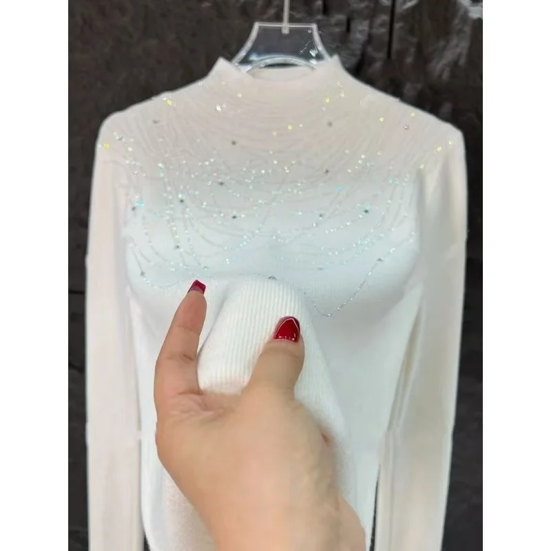 Fashionable Knitted Long Sleeve Half High Collar Base Layer Shirt Inner Wear Glittering Diamond Commute Style Slim Fit Top