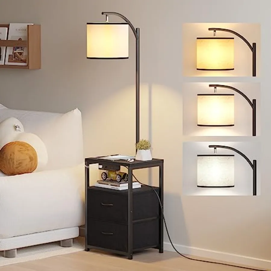 Floor Lamp with Table and 2 Drawers, Lamp with USB Port and Outlet, Lamps for Nightstand with 3 Color Temperature Led Bulb Incl