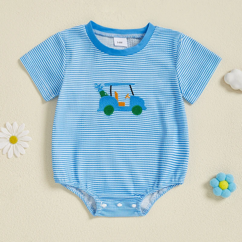 

Newborn Baby Boys Romper Summer Loose Fit Golf Ride Embroidery Striped Crew Neck Short Sleeve Toddler Clothes Infant Jumpsuits