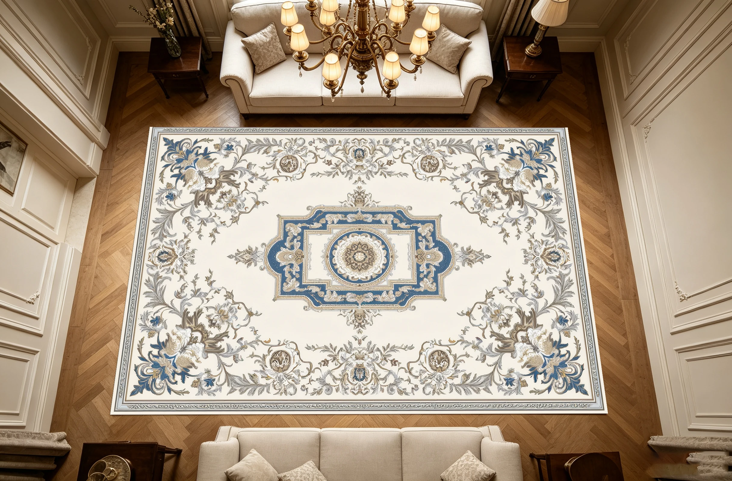 2D Large Carpet in Off-White and Blue Tones, European Retro Style, Soft and Skin-Friendly, Suitable for Living Room and