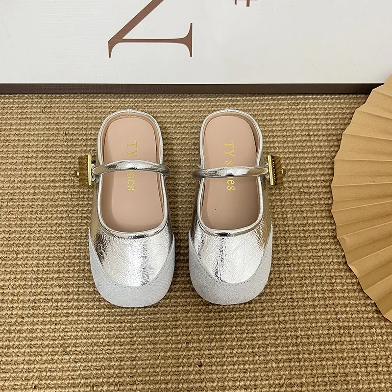 Kids'Slippers Flat Buckle Color Blocking Fashion Summer Shoes For Children Anti-slip Soft Bottom Home Sandals Silver Size 23-35