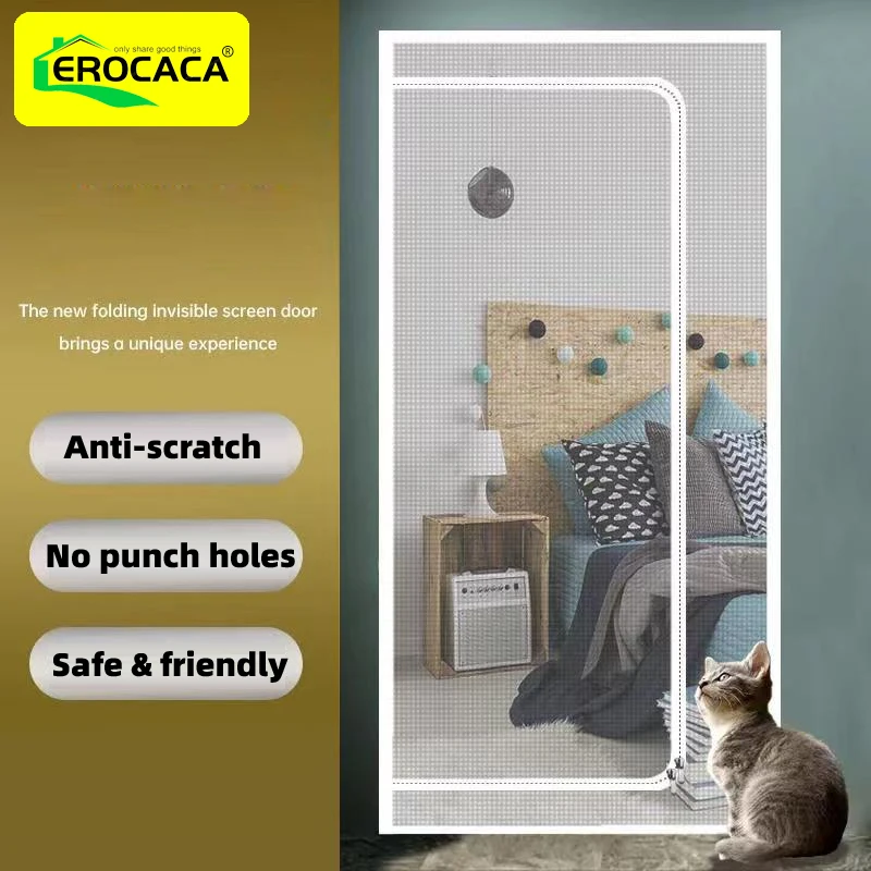 

EROCACA Zipper Reinforced Cat Fiberglass Door Screen Up & Left Opening Shape Curtain Anti-mosquito Mesh Screen for Living Room