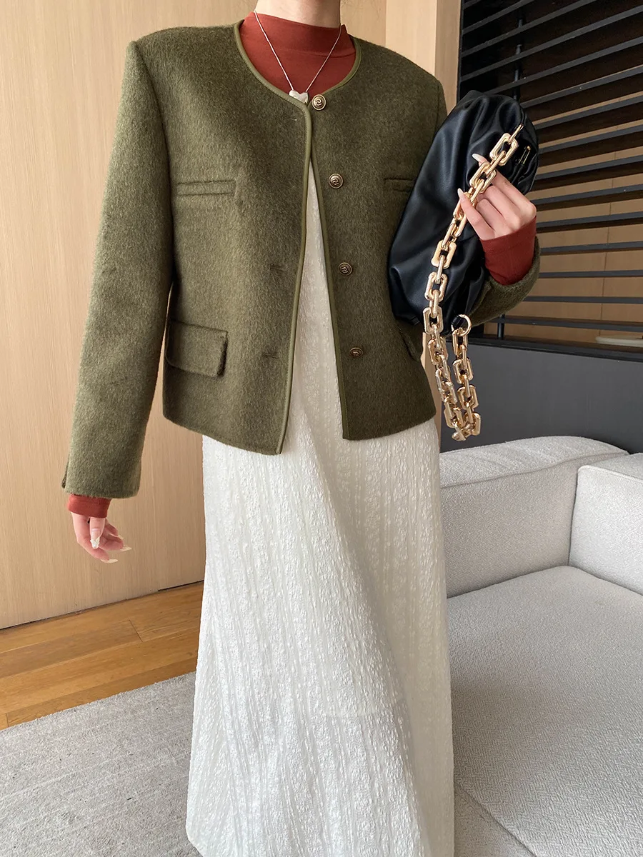 Spring and Autumn Women's Casual Solid Color Round Neck Long Sleeve Pocket Decorative Jacket