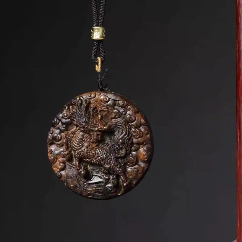 Hand-Carved Agarwood Kirin Pendant - 2.36