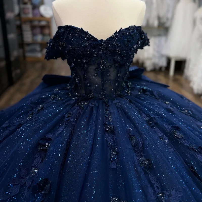 

Shiny dark blue Quinceanera Dress Lace off-shoulder glitter 3D flower decal Tull Bow vestidos de 15 Quinceanera ﻿Customized