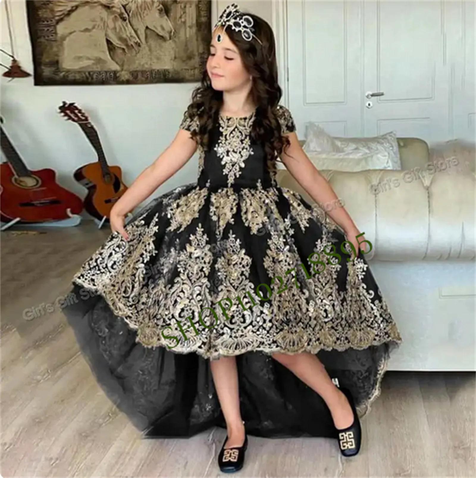 

Princess Flower Girl Dress Short Sleeves Gold Applique Hi-lo Girl Birthday Party Dresses Pageant Gowns Wedding