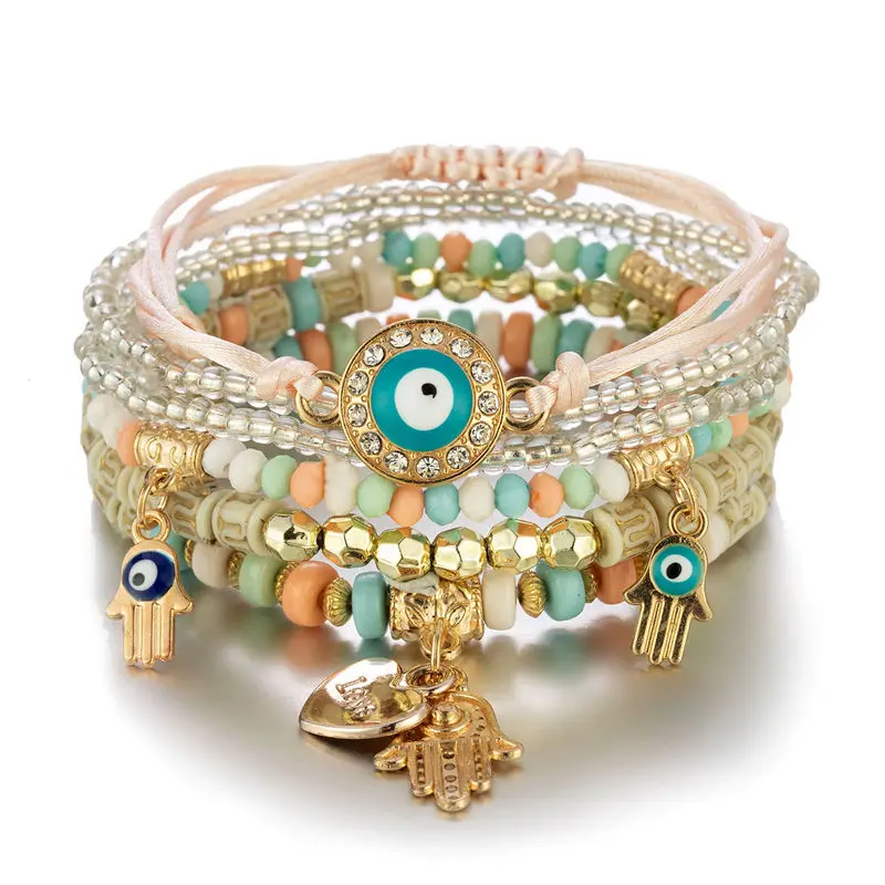 6-teiliges Set böhmisches Armband mit bösem Auge für Damen, Fatima-Hand, Herzanhänger, Perlenarmband, Kettengliederarmband, weiblicher Schmuck, Geschenk – Detail 2
