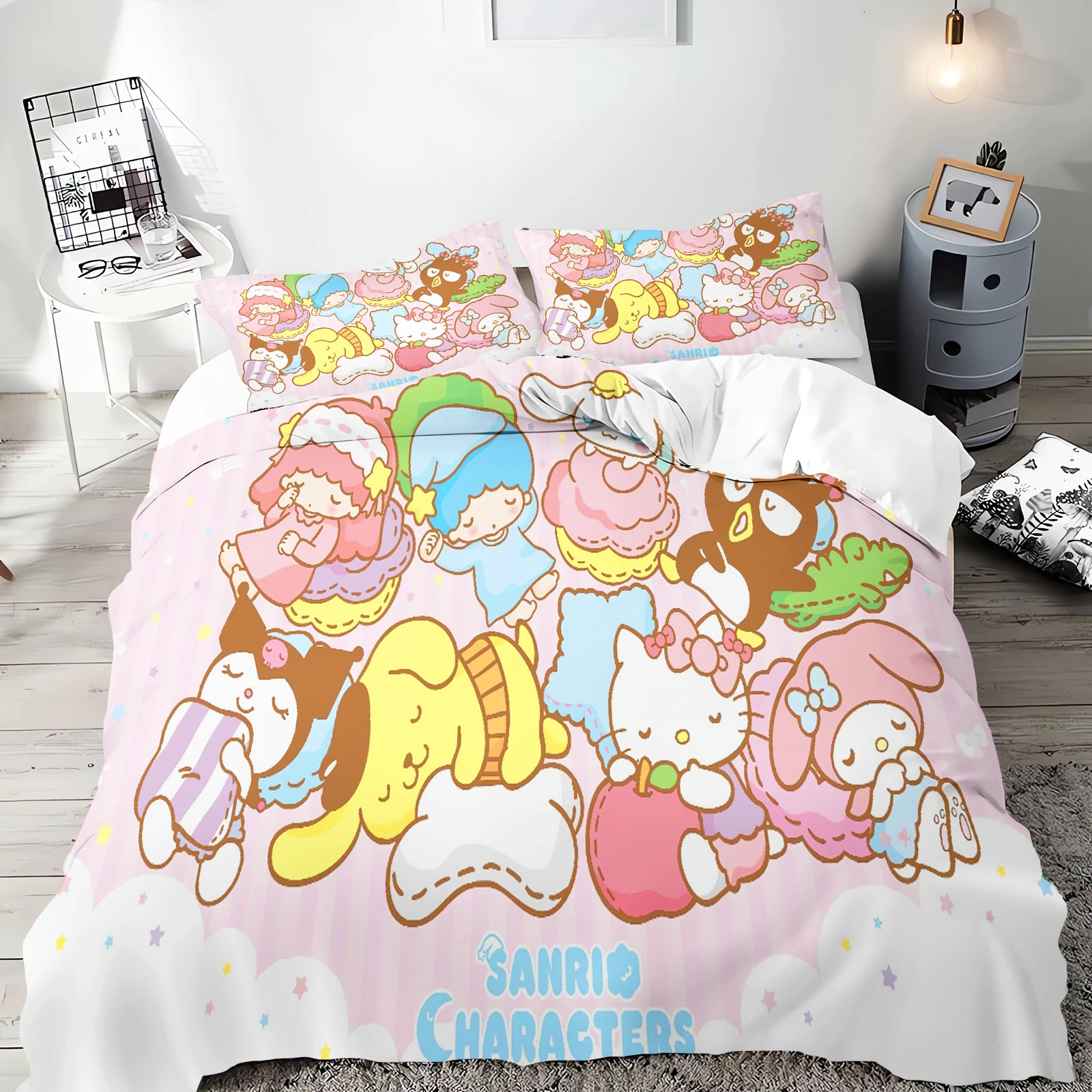 Sanrio serie Kuromi juego de cama edredón para niños tamaño King funda de lujo 100% poliéster 3 piezas regalos de Navidad decoración del hogar