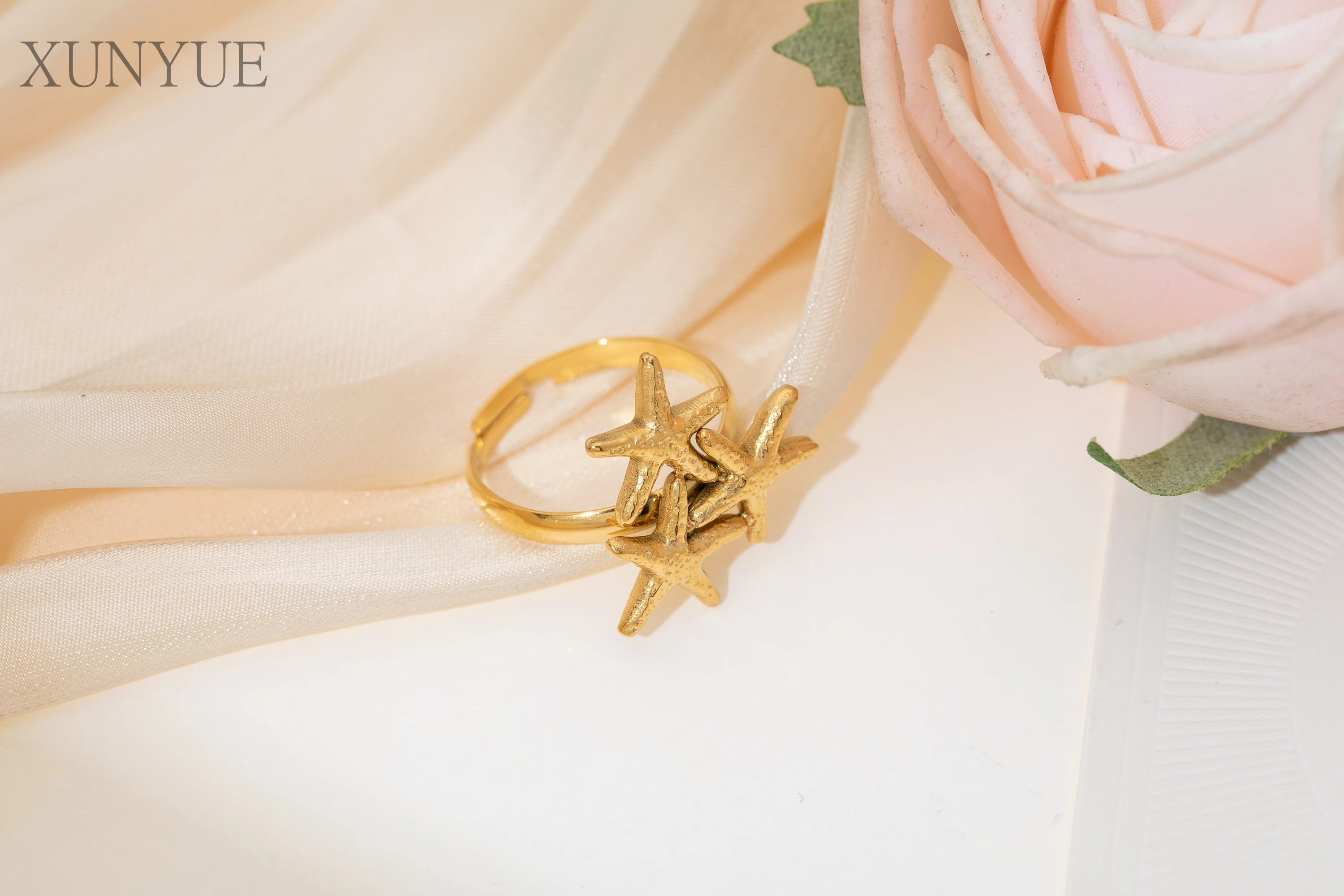 XUNYUE Trendy  Stainless Steel Three Starfish Open Adjustable Ring Fashion Jewelry Stainless Steel Ring