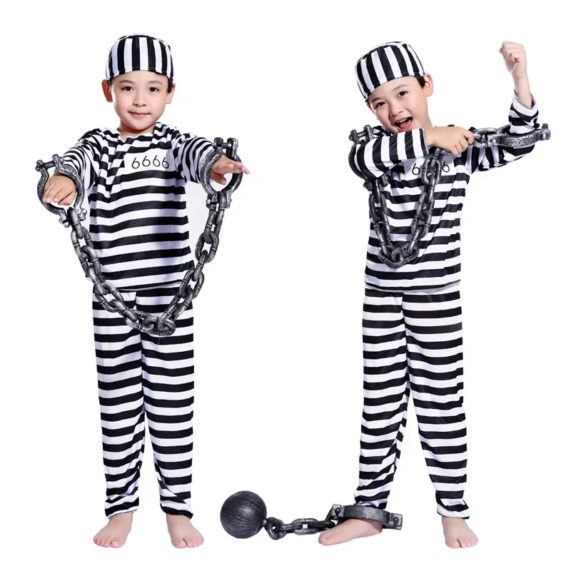 New 2025 Adult Kids Striped Prisoner Costume Prison Suit Uniform Chains Family Matching Outfits Cosplay Clothes For Party wat160