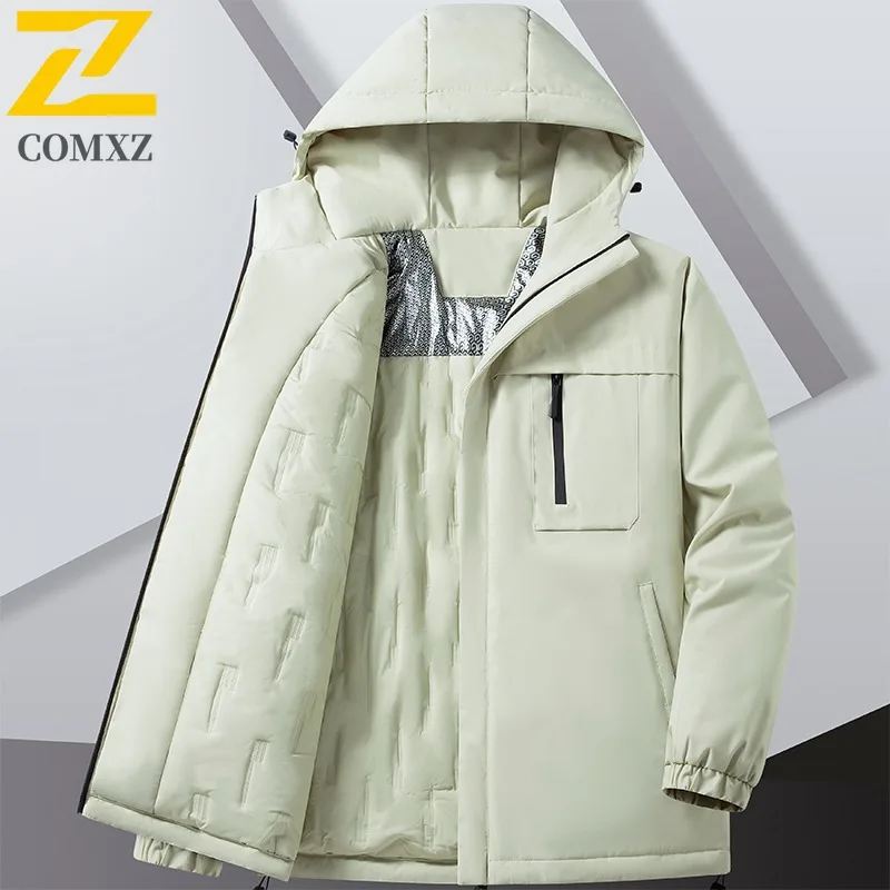 COMXZ 2025 Men Women Color Block Hooded Puffer Jacket American Style Graphene Lined Winter Thickened Casual Outdoor Sports Coat