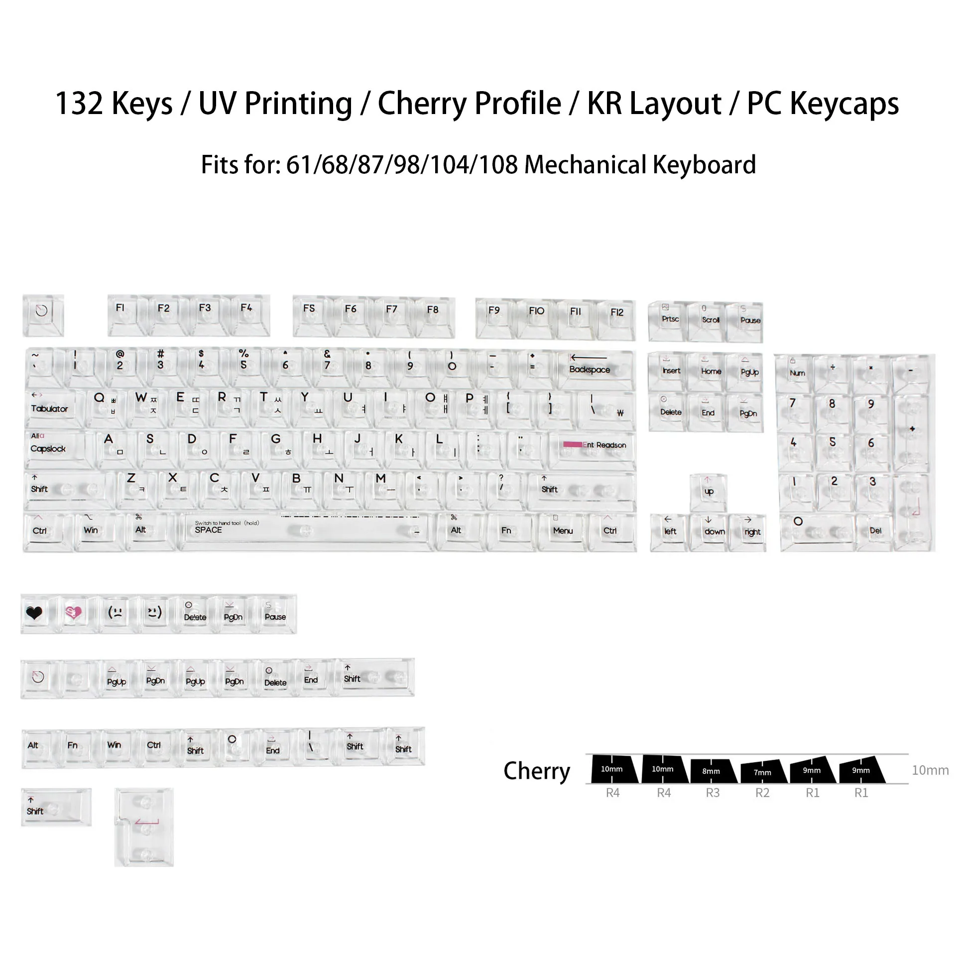 Layout coreano 132 tasti Stampa UV Copritasti in cristallo Profilo Cherry Copritasti PC bianchi trasparenti per interruttori MX Tastiera da gioco