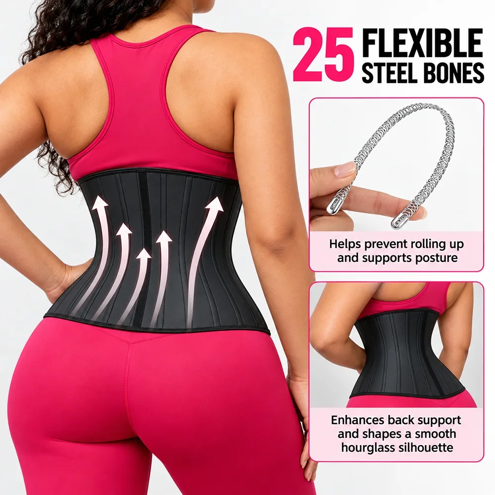 Women Hourglass Waist Trainer Corset Latex Tummy Control Waist Cincher 25 Steel Bones Slimming Shapewear Compression Body Shaper