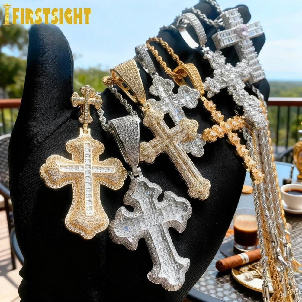 New Iced Out Bling CZ Cross Pendant Necklace Silver Color Prong Setting Cubic Zirconia Jesus Charm Men Women Hip Hop Jewelry