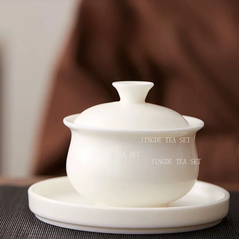 Chinese Style Plain White Dehua Porcelain Sancai Gaiwan Simple Matte Covered Bowl with Lid Saucer Kung Fu Tea Ceremony Teaware
