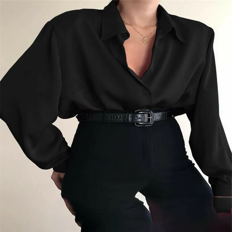 OL Shirt Baggy Tops Red/Wine Red /Black Women Button Blouses Casual Blouse Loose Turn Down Collar Shirts Office Lady Long Sleeve