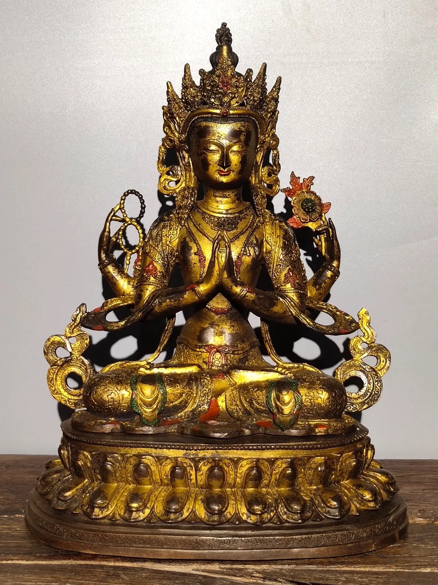 

18"Tibetan Temple Collection Old Bronze Cinnabar Mud gold Four arms Guanyin Bodhisattva Sitting Buddha worship hall Town House