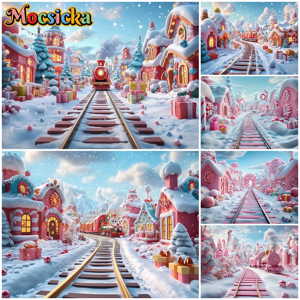 

Mocsicka Merry Christmas Backdrop Winter Snow New Year Party Tree Pink House Train Track Decoration Festival Birthday Background