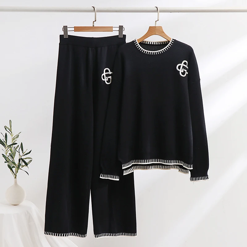 Elegant Embroidery Knit Two Piece Set Woman Winter Sweater Pant Matching Sets Casual Loungewear Knitted Two Piece Set Women 2024