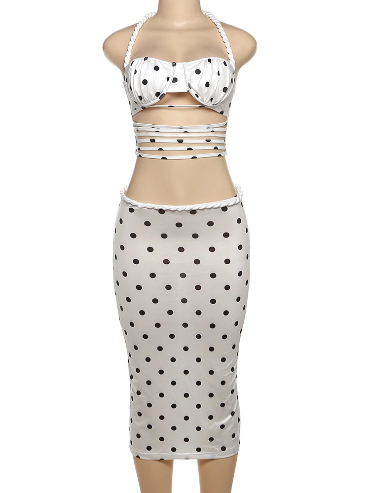 Conjunto de 2 peças de bolinhas sexy Nibber, conjunto de 2 peças para mulheres, trança com faixa oca, camisola + saia média simples, roupa de rua combinando