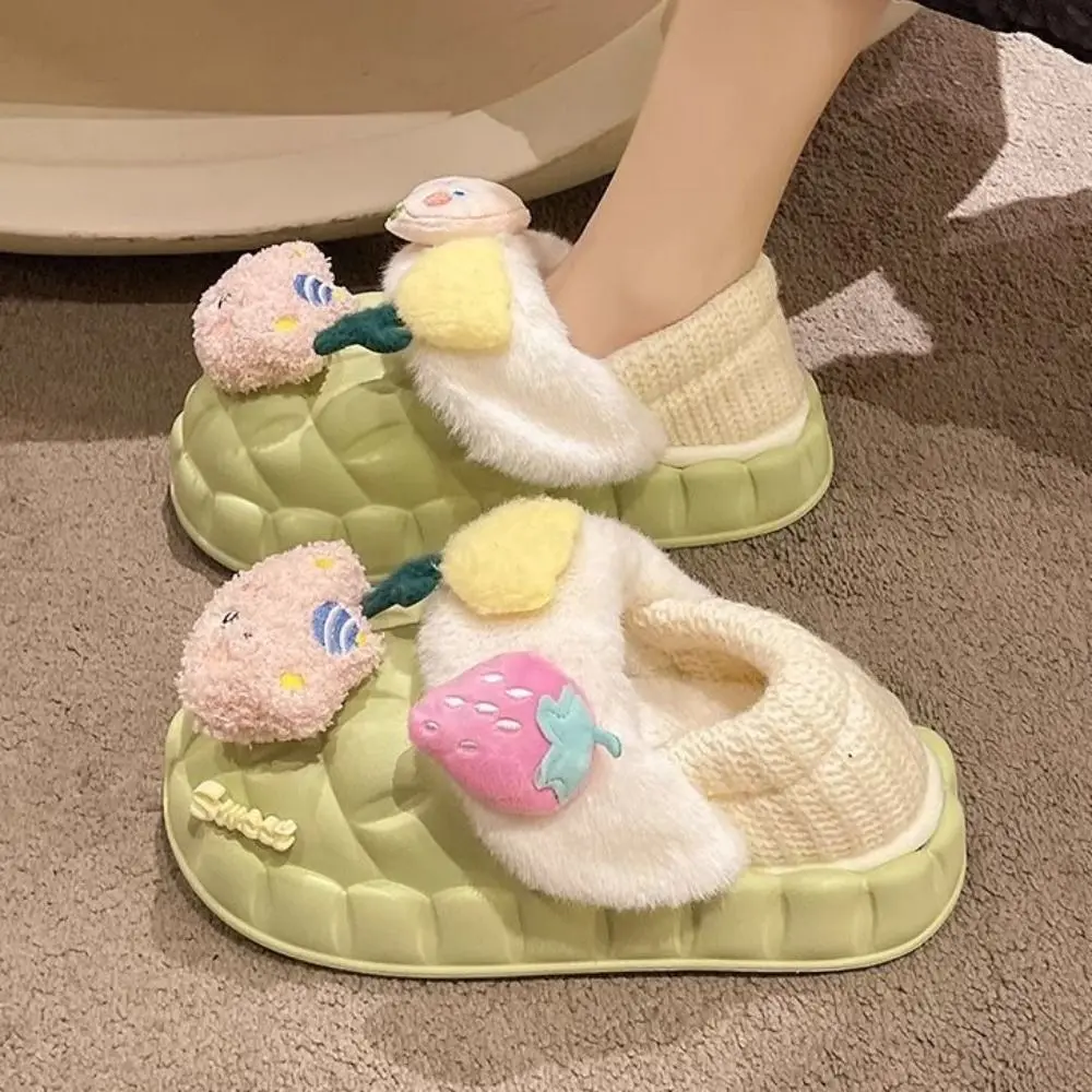 Casual Bear Flower Plush Outerwear Shoes Peach Strawberry Fluffy Soft Plush Slippers Thick Home Shoes Fleece Slippers Women Home