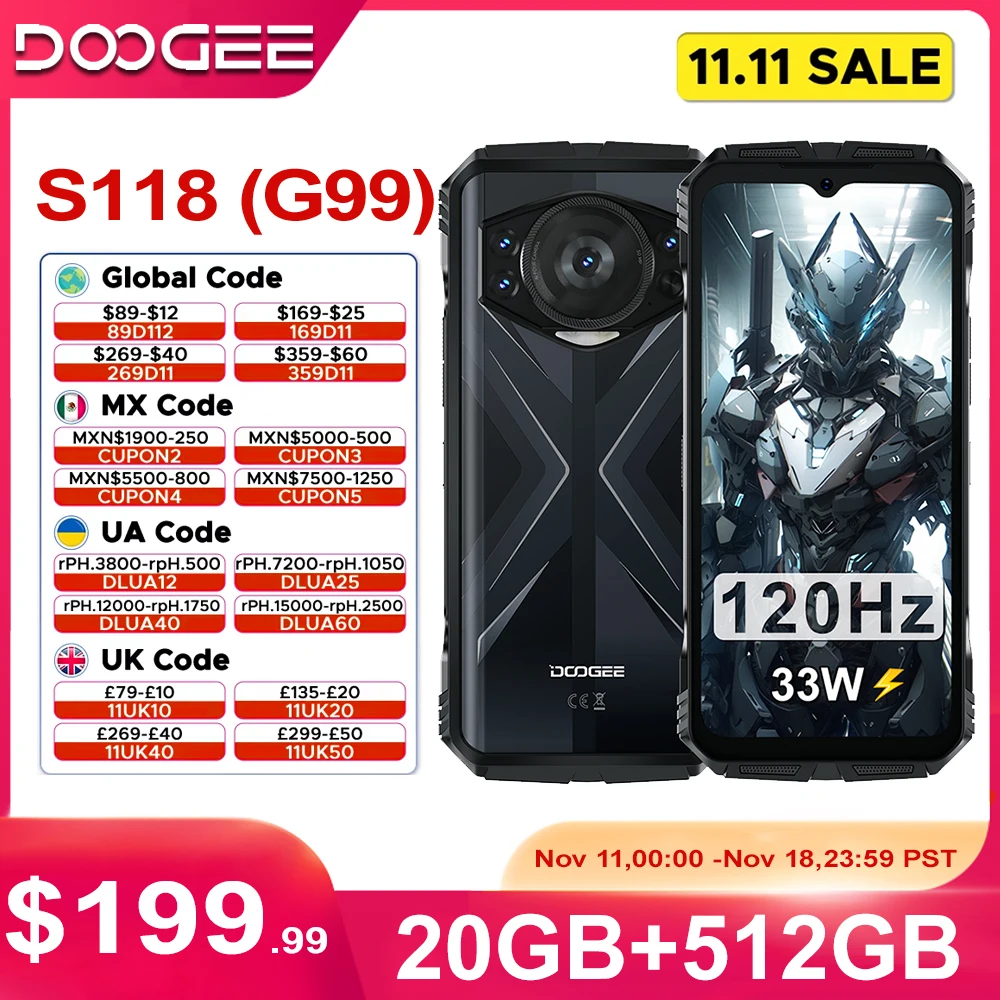 DOOGEE S118 8GB 512GB 내구성 스마트폰 10800mAh 33W 급속 충전 50MP 트리플 카메라 안드로이드 14 NFC 4G 휴대전화