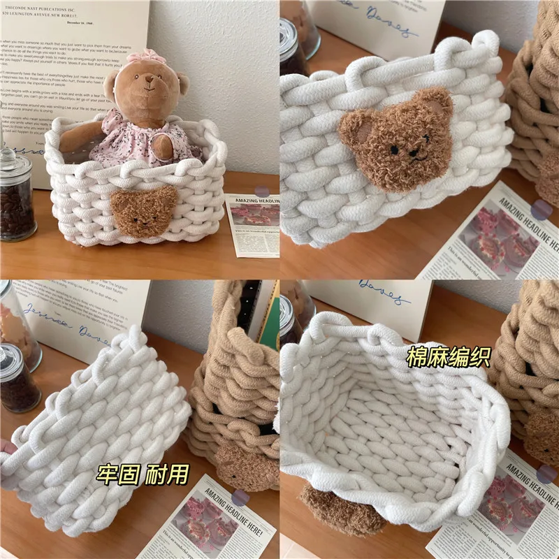 Ins Kawai Desktop Storage Basket Korean Bear Cotton Linen Woven Basket Cute Cosmetics Makeup Sundry Storage Basket Organizer Box