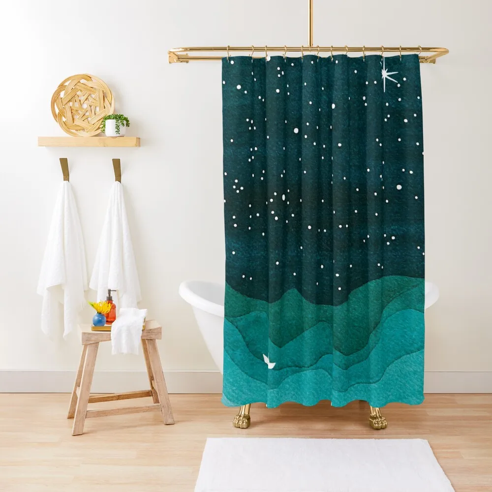 

Starry Ocean, teal sailboat watercolor sea waves night Shower Curtain Waterproof Shower Shower Bath For Bathroom Curtain