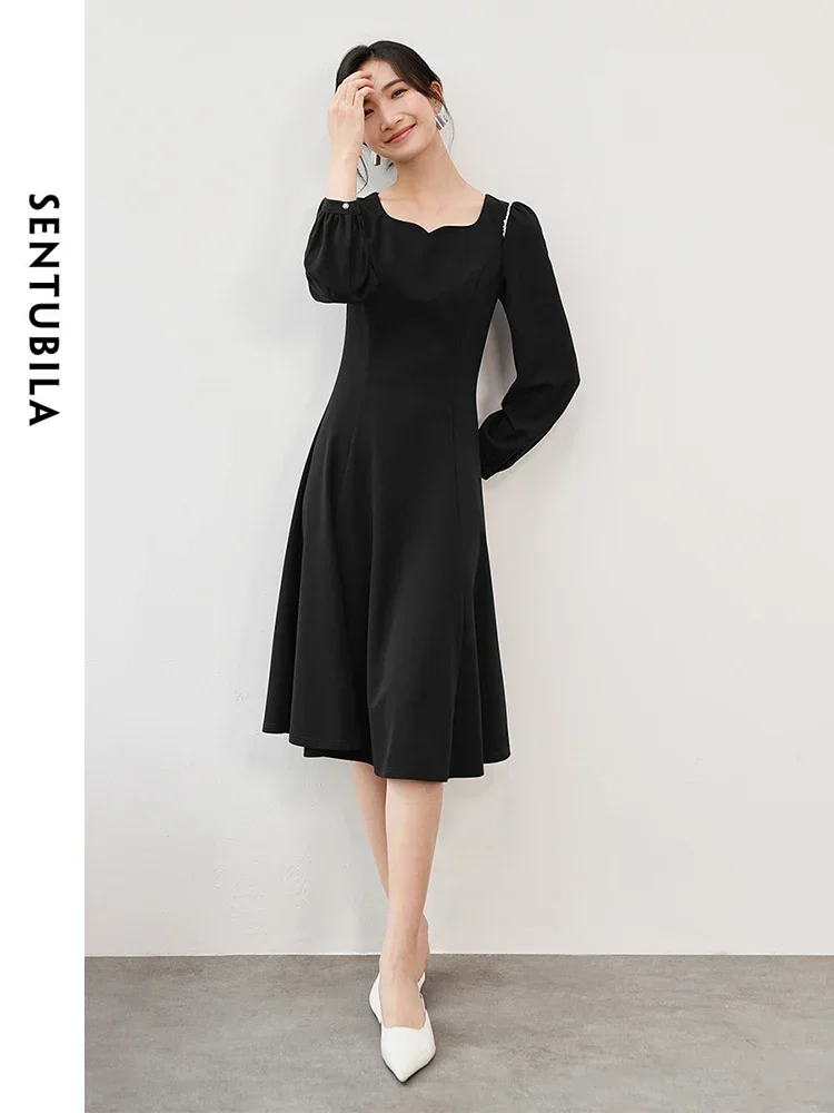 SENTUBILA French A Line Black Dress for Women 2024 Autumn Pearl Woven Tape Folds Long Sleeve Elegant Women Dress 143L56684