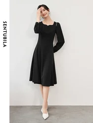 SENTUBILA French A Line Black Dress for Women 2024 Autumn Pearl Woven Tape Folds Long Sleeve Elegant Women Dress 143L56684