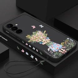 Flower Picking Girl Lanyard Case For Samsung Galaxy S24 S25 S23 S22 Ultra S21 S20 FE A14 A34 A52 A54 A15 A56 A35 A55 5G Cover