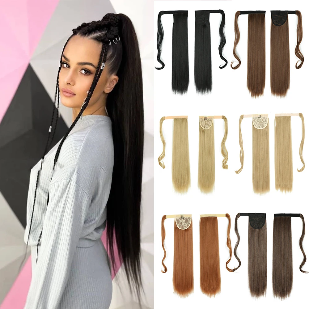 Sintético 80cm Long Straight Wrap Around Clip In Ponytail Extensão do cabelo Heat Reistan Pony Tail Fake Hair