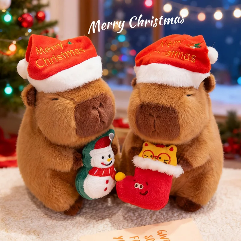 1Pc 20CM Kawaii Christmas Capybara Plush Toys Cartoon Capibara Dolls Wears Xmas Hat Holding Gingerbread Man Nice Christmas Gift