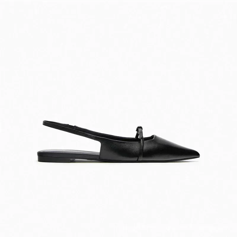 Slingback Flat Bottom Women Sandals Summer Black Leather Pointed Woman Ballet Shoes Fashion Low-heel Woman Shoes