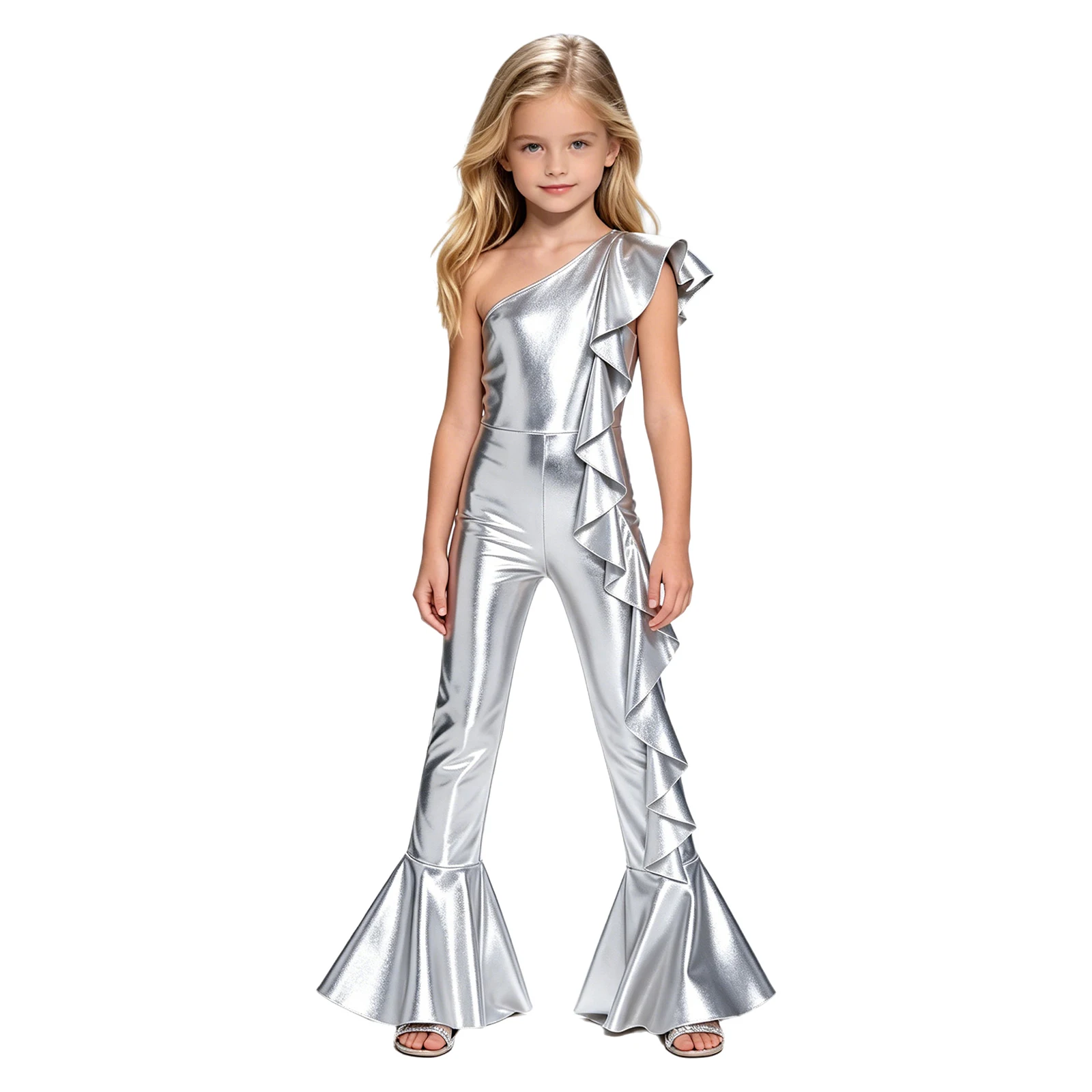 

Kids Girls Metallic Shiny Disco Jazz Dance Jumpsuit One Shoulder Ruffles Bell Bottom Rompers for Birthday Pageant Party Ball