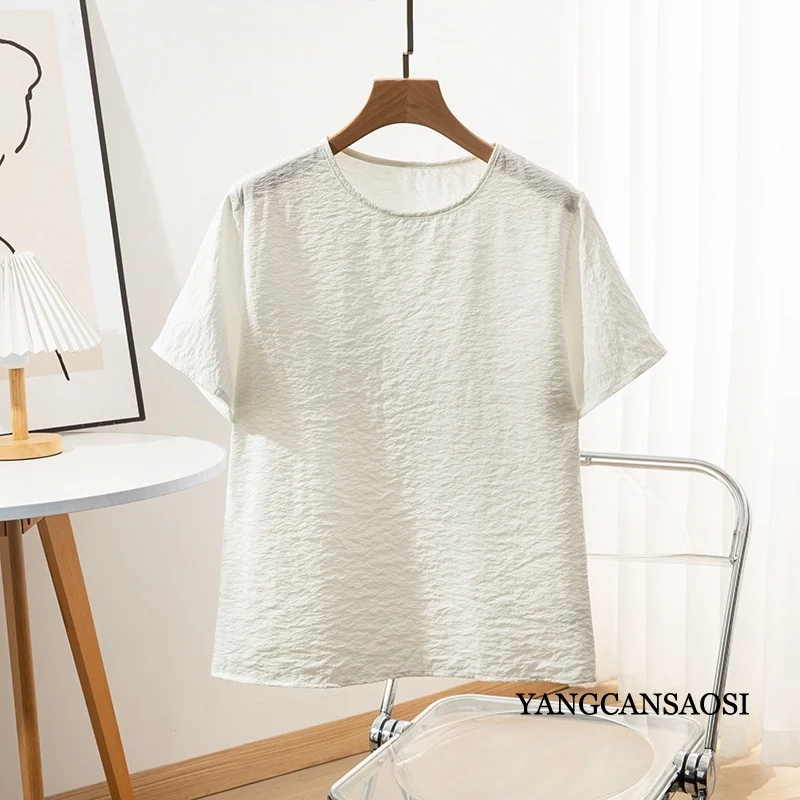 High End 76% Natural Mulberry Silk Dry Silk Women's New Summer Rock Texture Sensation Short Sleeved Solid Color T-shirt