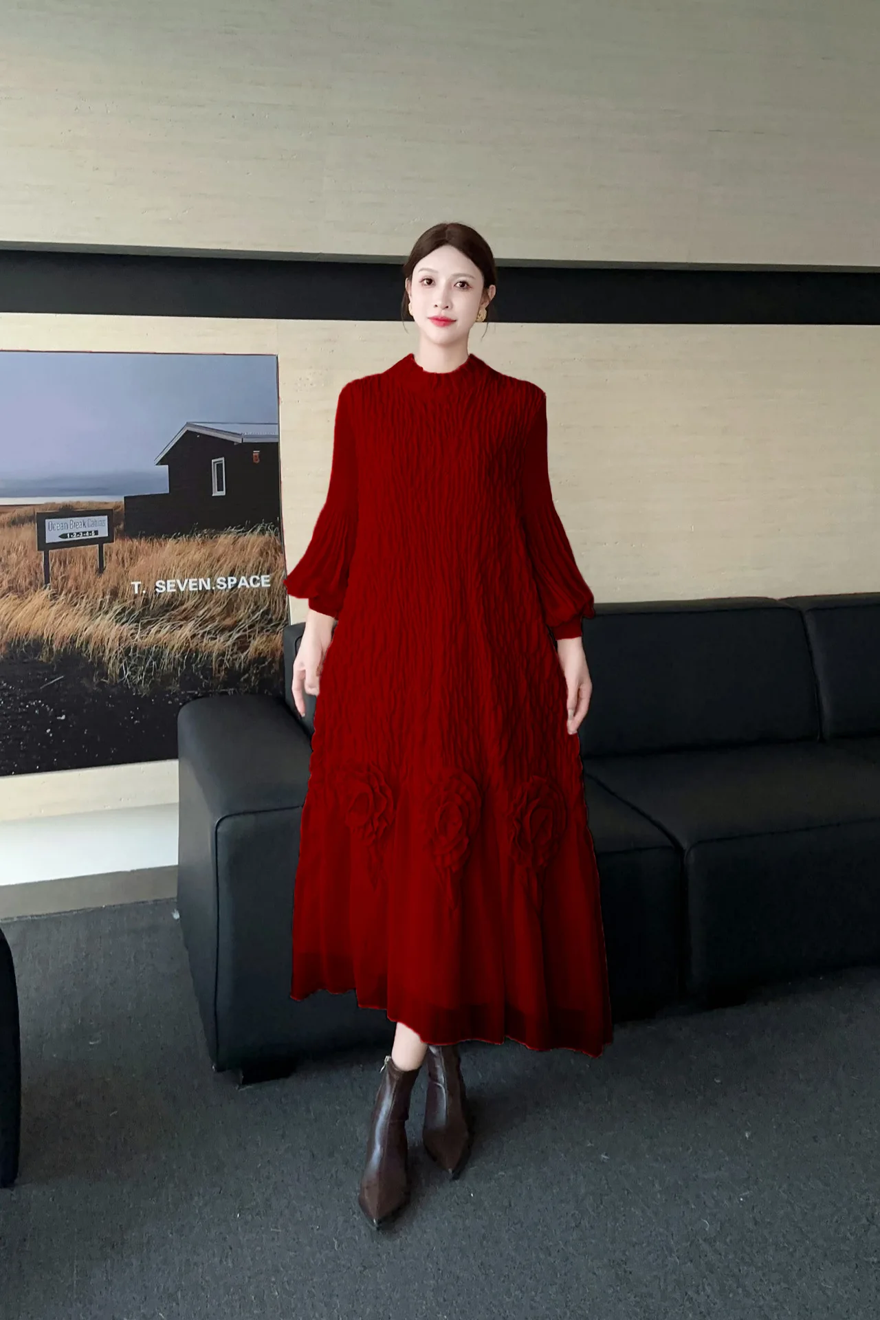 Miyake plissé 2025 nouvelle robe ample grande taille femmes à manches longues automne et hiver tempérament à la mode longue jupe de Base