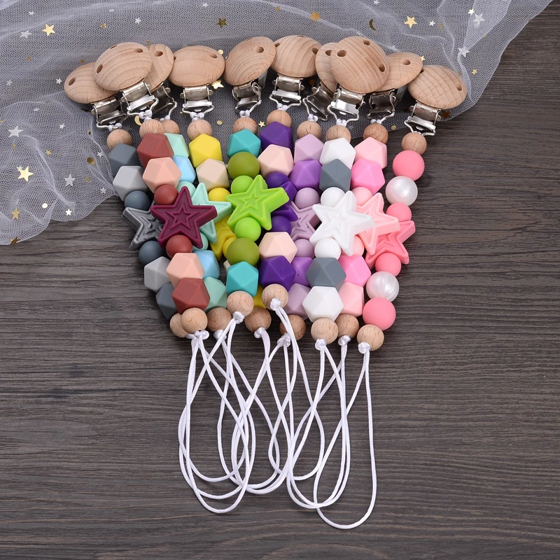 

Baby Silicone Pentagram Nipple Chain Wooden Teether Soothe Pacifier Clip For Nursing Chew Toys Gifts Baby Dummy Holder Chain