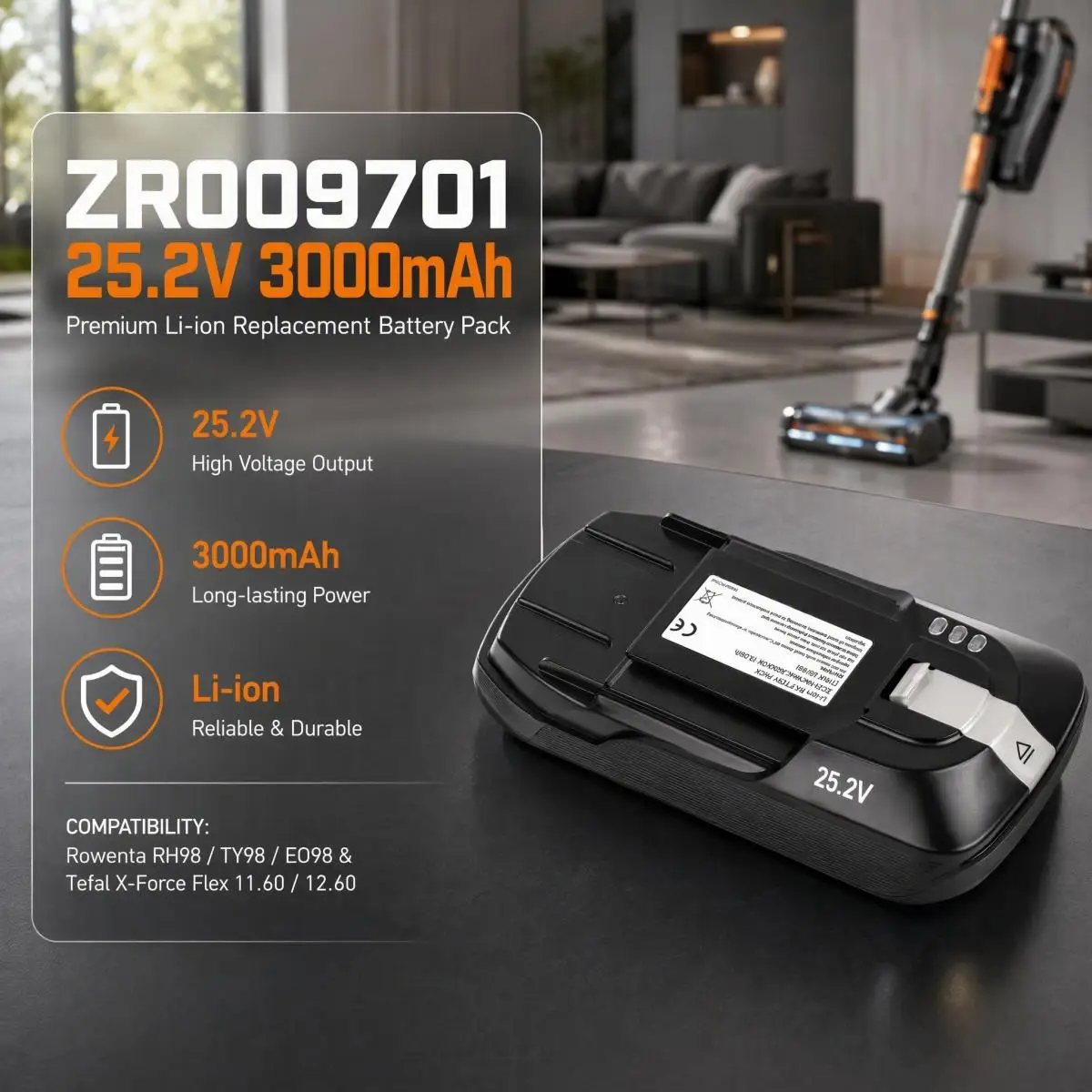ZR009701 Li-ion Replacement Battery Pack for Rowenta RH98 TY98 EO98 Tefal X-Force Flex 11.60 12.60 Cordless Stick Vacuum Cleaner
