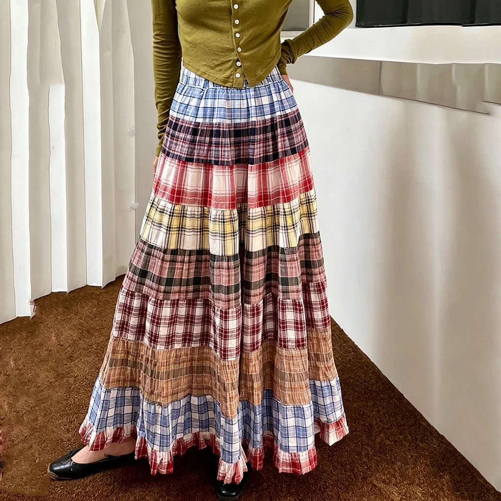 High Waist Plaid Patchwork Tiered Maxi Skirt Women Vintage Ruffle Hem Long A-Line Casual Checkered Skirt
