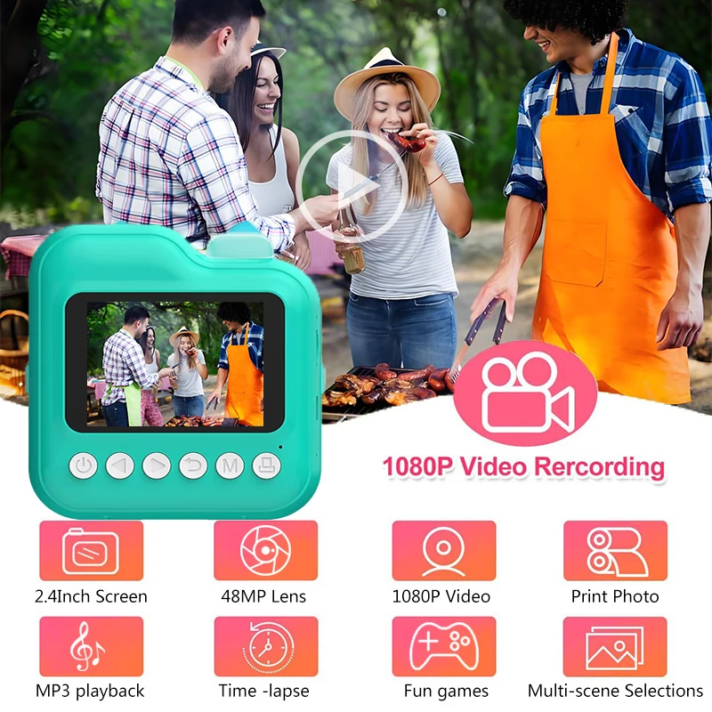 Children HD Digital Camera Instant Print Photo Label Thermal Printing Photograph Video Print Camera Toys With 8G Memory Card