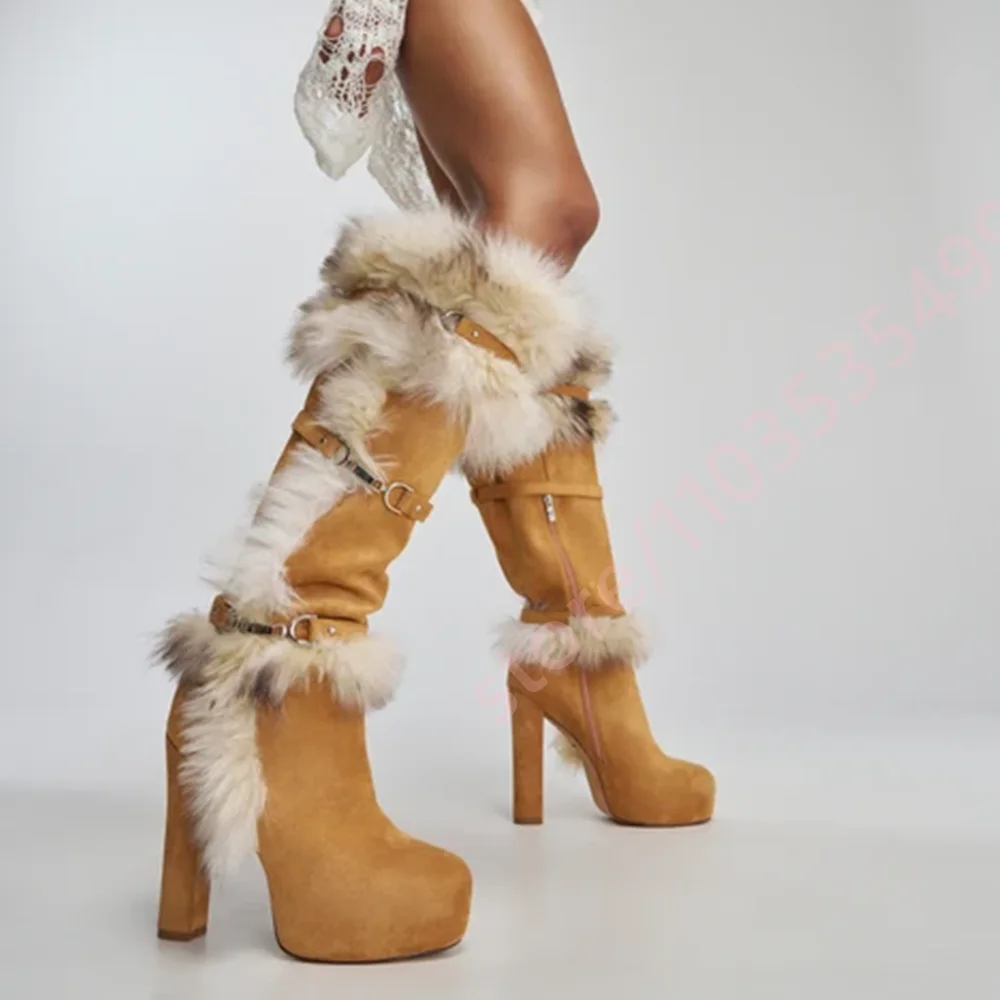 Women Winter Furry Trim Knee High Platform Boots Chunky High Heel Boot Multi Buckle Strap Warm Boots Fashion Party Snow Boots