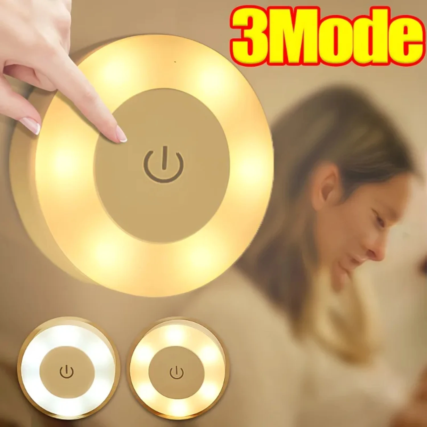 Portable Rechargeable LED USB Night Lights with 3 Modes, Dimming Round Base Wall Lights for Room Decor - Sensor Activated