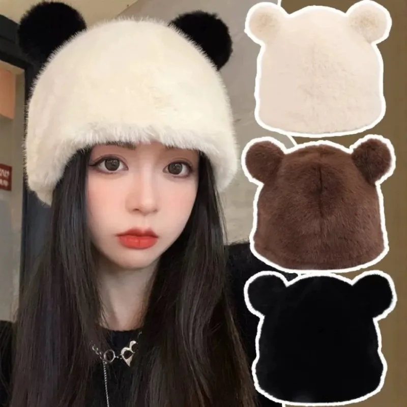 Black bear ears rabbit fur hat cute plush wrap head cap cold warm fur cap Y2k Girls Korean Hats Knitted Hat