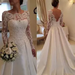 Elegant Backless Wedding Dress 2020 Vintage robe de mariée Lace Satin Long Sleeve Bride Dresses  2022 Custom Made Robe De Mariee