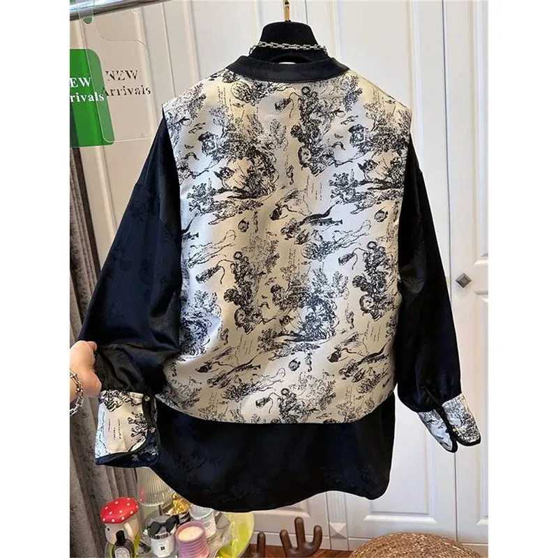 2024 Spring Autumn New Splicing Printed Long Sleeve Shirt Waistcoat New Chinese Ink Painting Vest Top Two-Piece Coat Woman